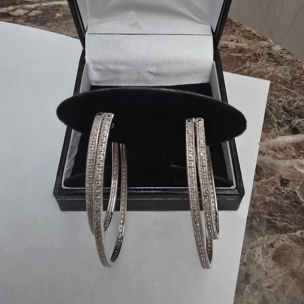 Elegant Silver Double Hoop Diamond Earrings